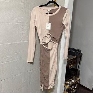 Beige and Brown Long Sleeve Dress
